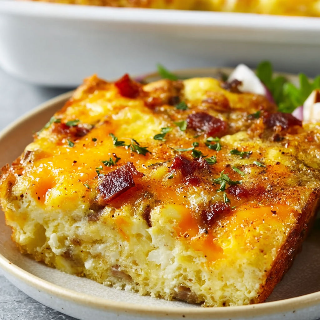 A slice of the Best Baked Egg Casserole, topped with bacon and cheese, is served on a plate.
