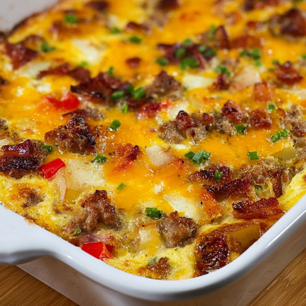 A delicious bacon and cheese casserole is ready to be served.