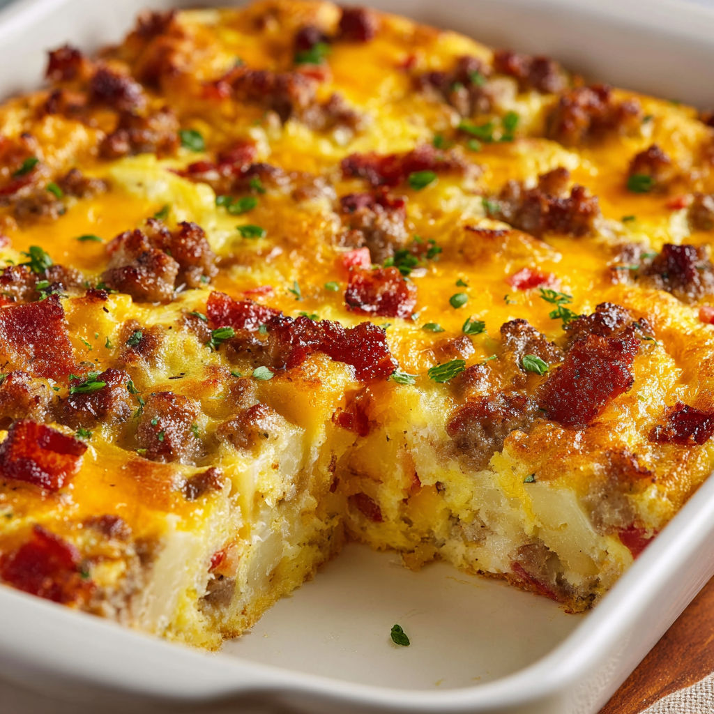 A delicious bacon and cheese casserole in a white dish.