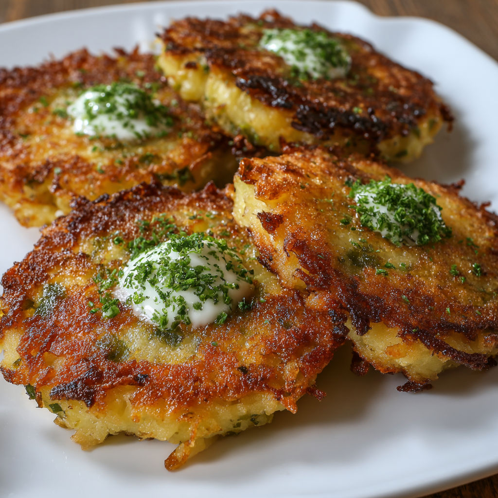 A plate of potato pancakes with sour cream and chives on top.