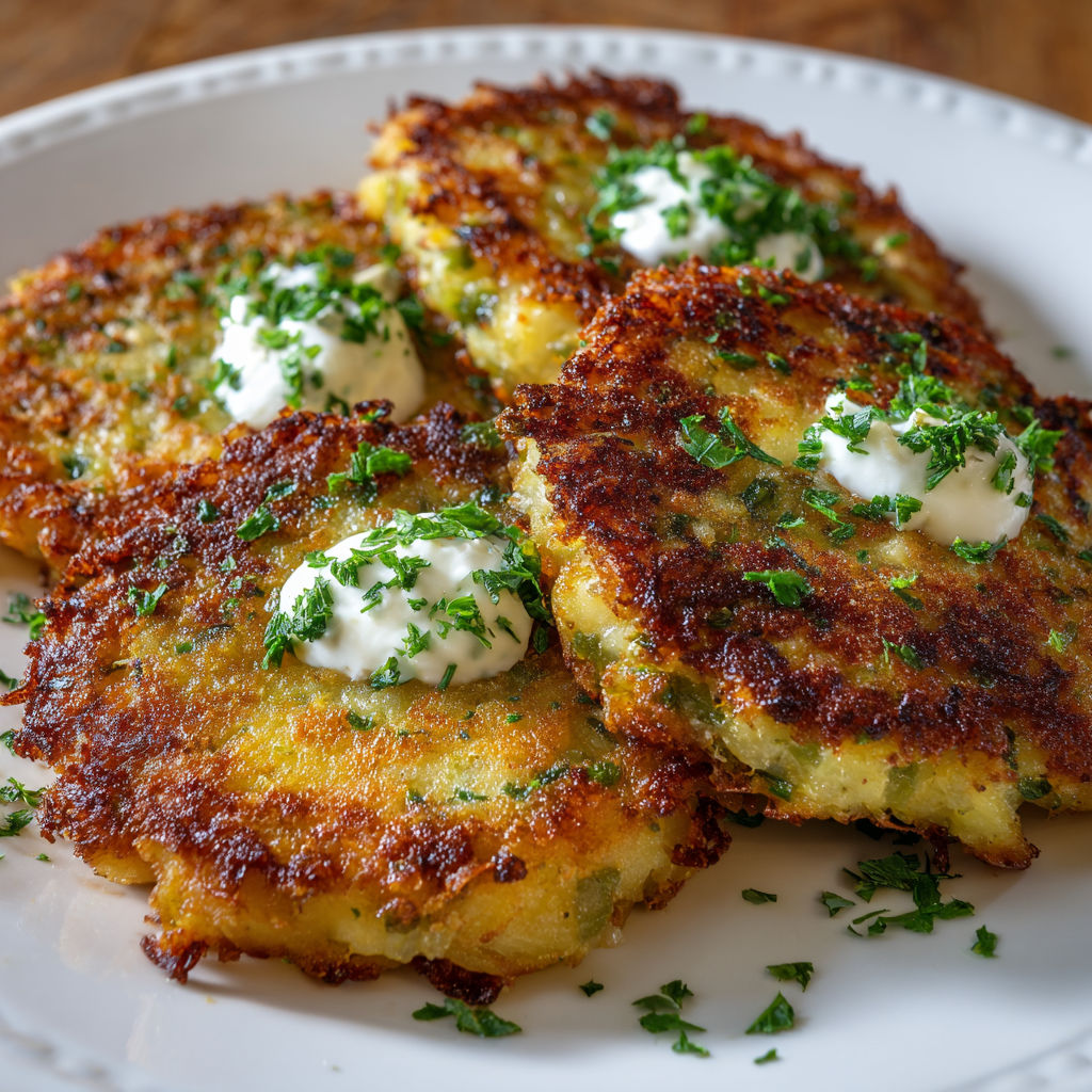 A plate of meat patties with sour cream and chives on top.