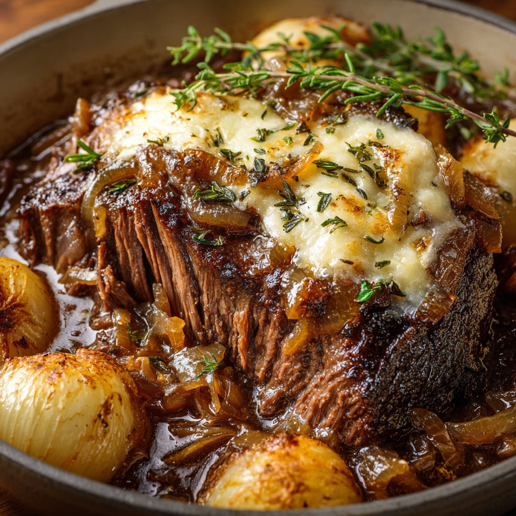 A delicious French Onion Pot Roast is served in a bowl, topped with cheese and herbs.