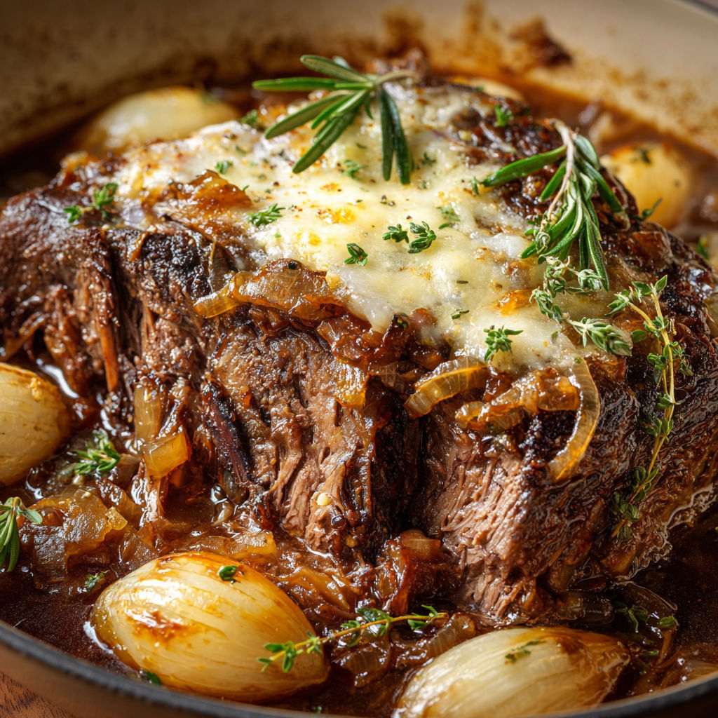 A close up of a delicious beef stew with onions and herbs.