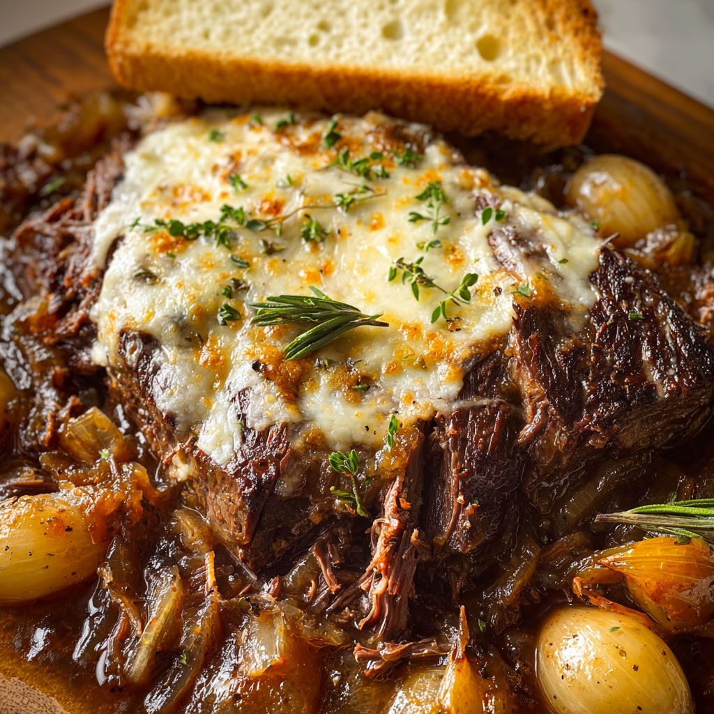 A delicious beef stew with onions and herbs, served with a slice of bread.