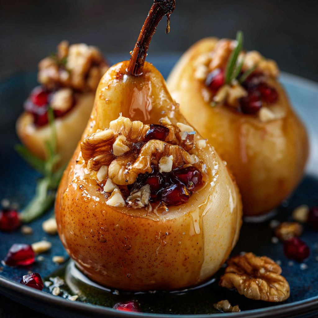 Three baked pears with walnuts and berries on a plate.