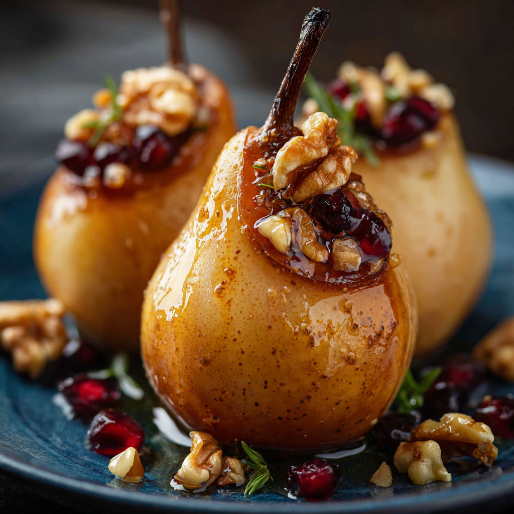 A plate of three pears with walnuts and cranberries on top, possibly a recipe for pear and walnut salad.