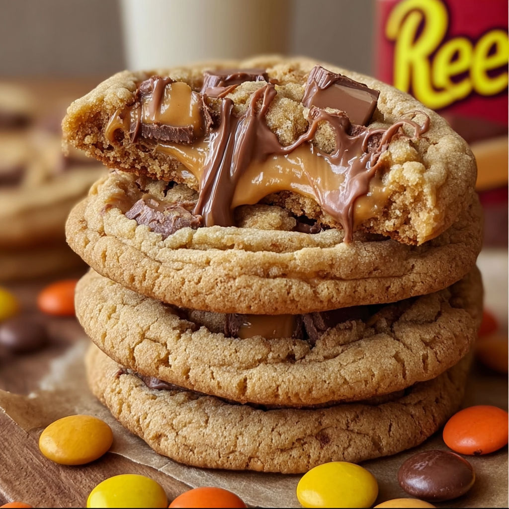A stack of three Triple Reese's Peanut Butter Cookies with chocolate frosting and peanut butter filling.