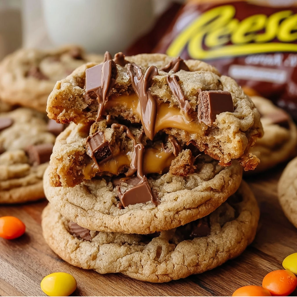 A stack of three Triple Reese's Peanut Butter Cookies.