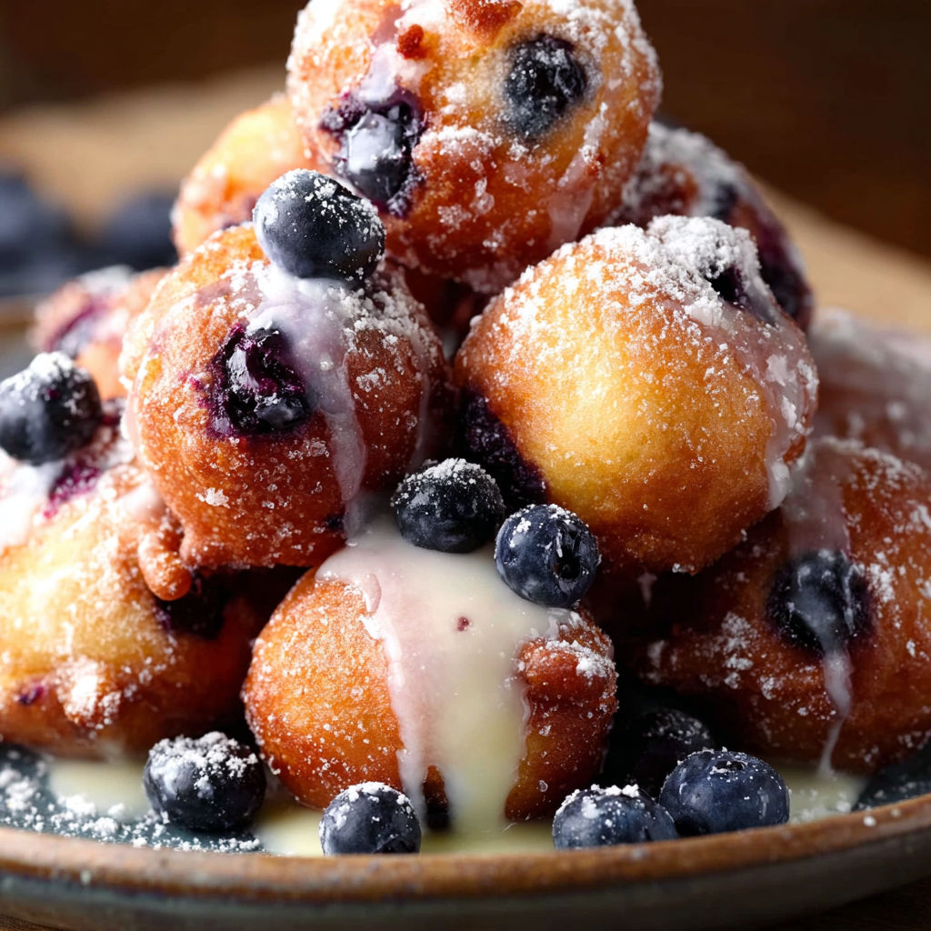 A stack of blueberry doughnuts with white icing and powdered sugar.