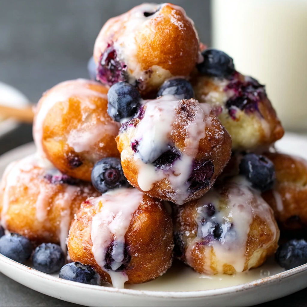 A stack of blueberry-filled donuts with glaze dripping off them.