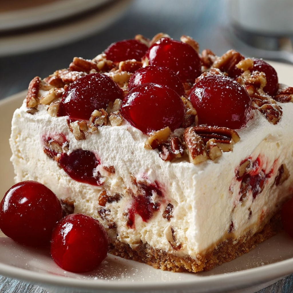 A slice of Cherry Pecan Cheesecake Lush is displayed on a plate.