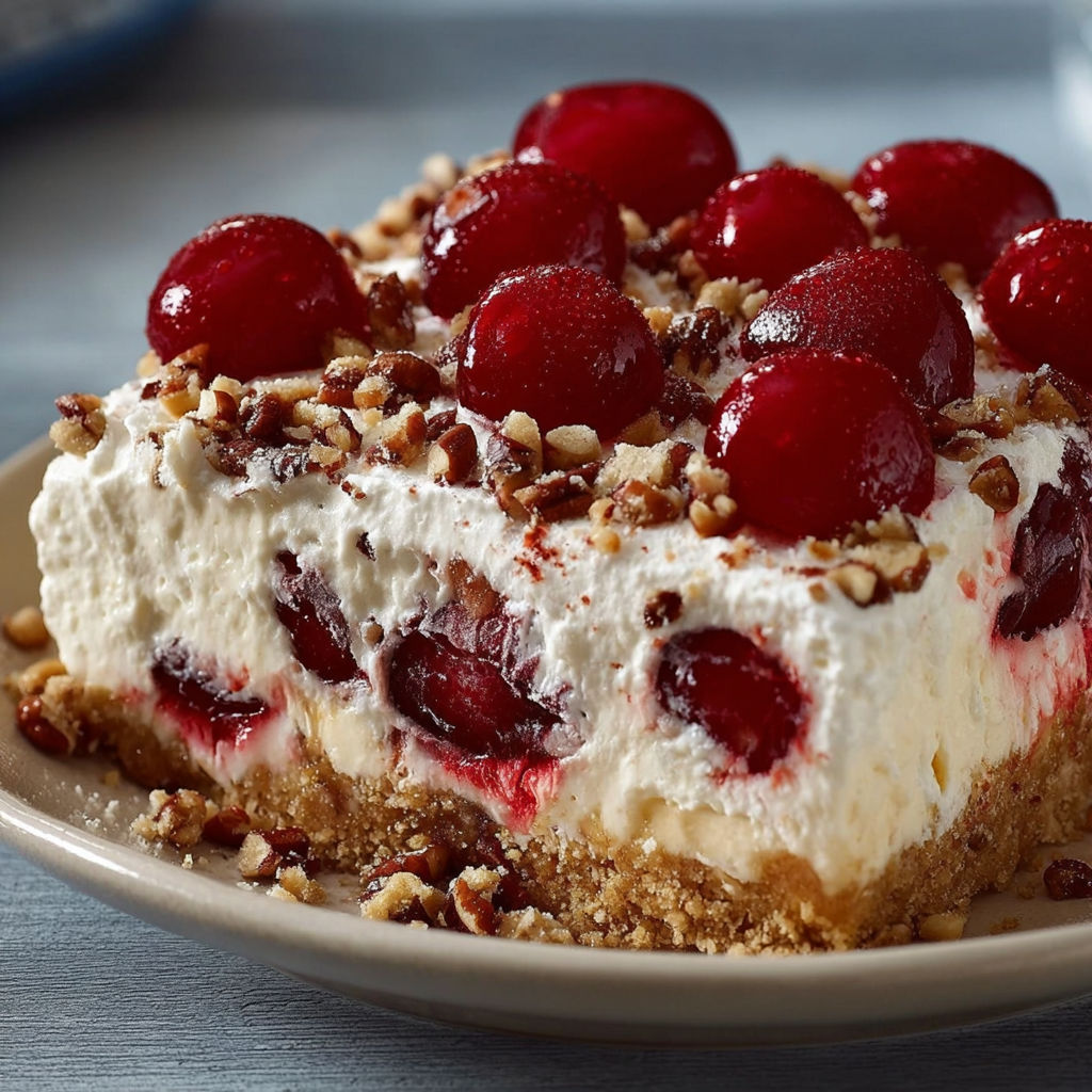 A slice of Cherry Pecan Cheesecake Lush is displayed on a plate.