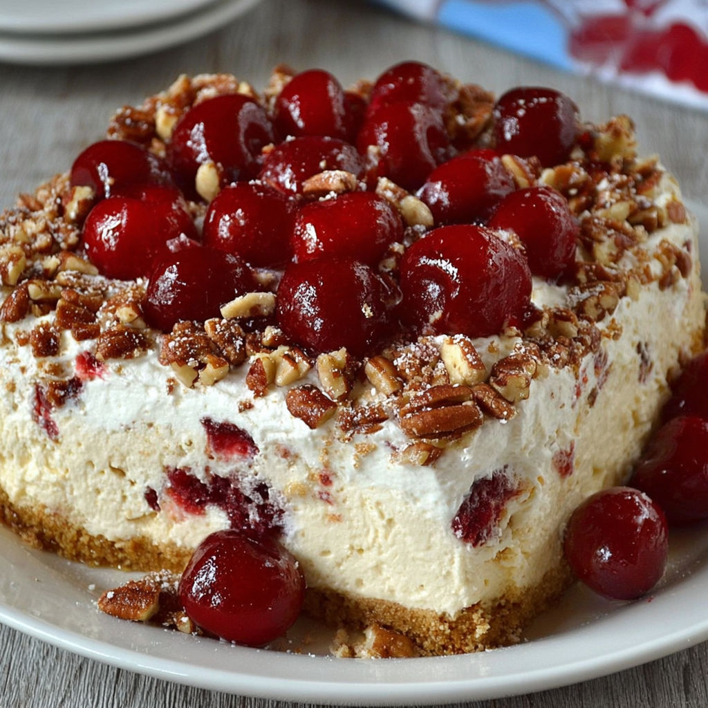 A slice of Cherry Pecan Cheesecake Lush is displayed on a plate.