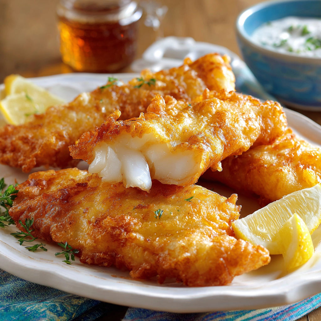 A plate of batter dipped fish with lemon wedges on the side.
