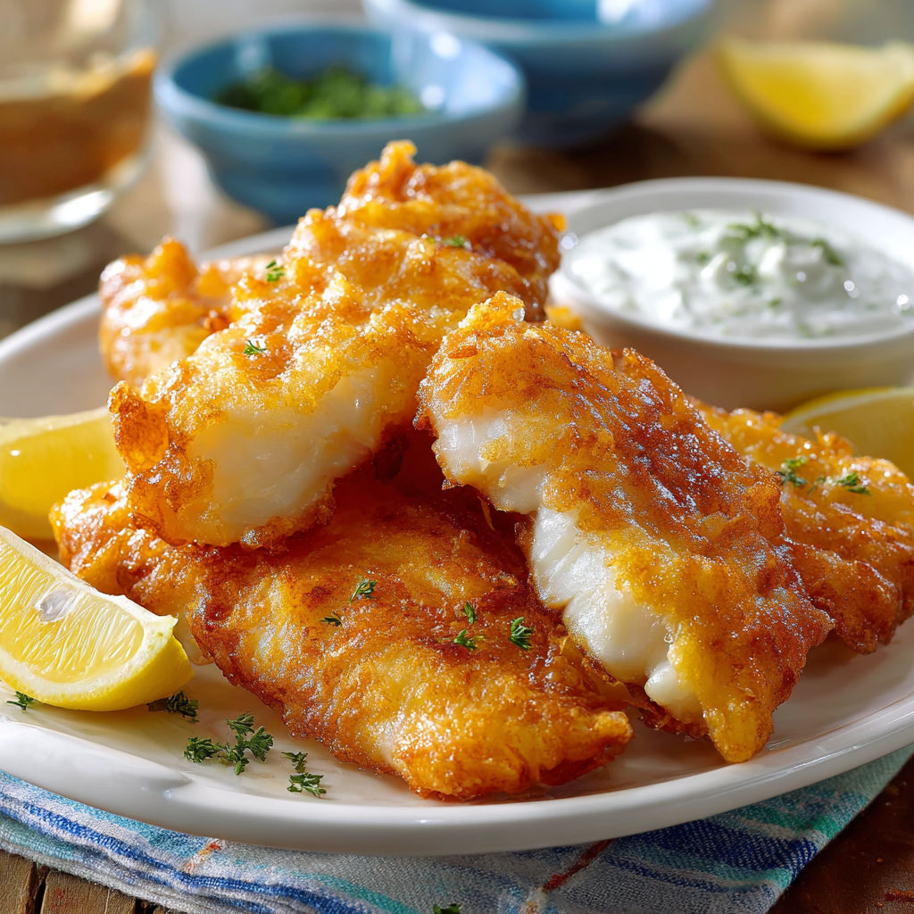 A plate of fish with lemon wedges and a bowl of sauce.