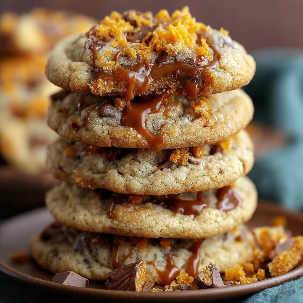 A stack of chocolate chip cookies with caramel drizzle on top.