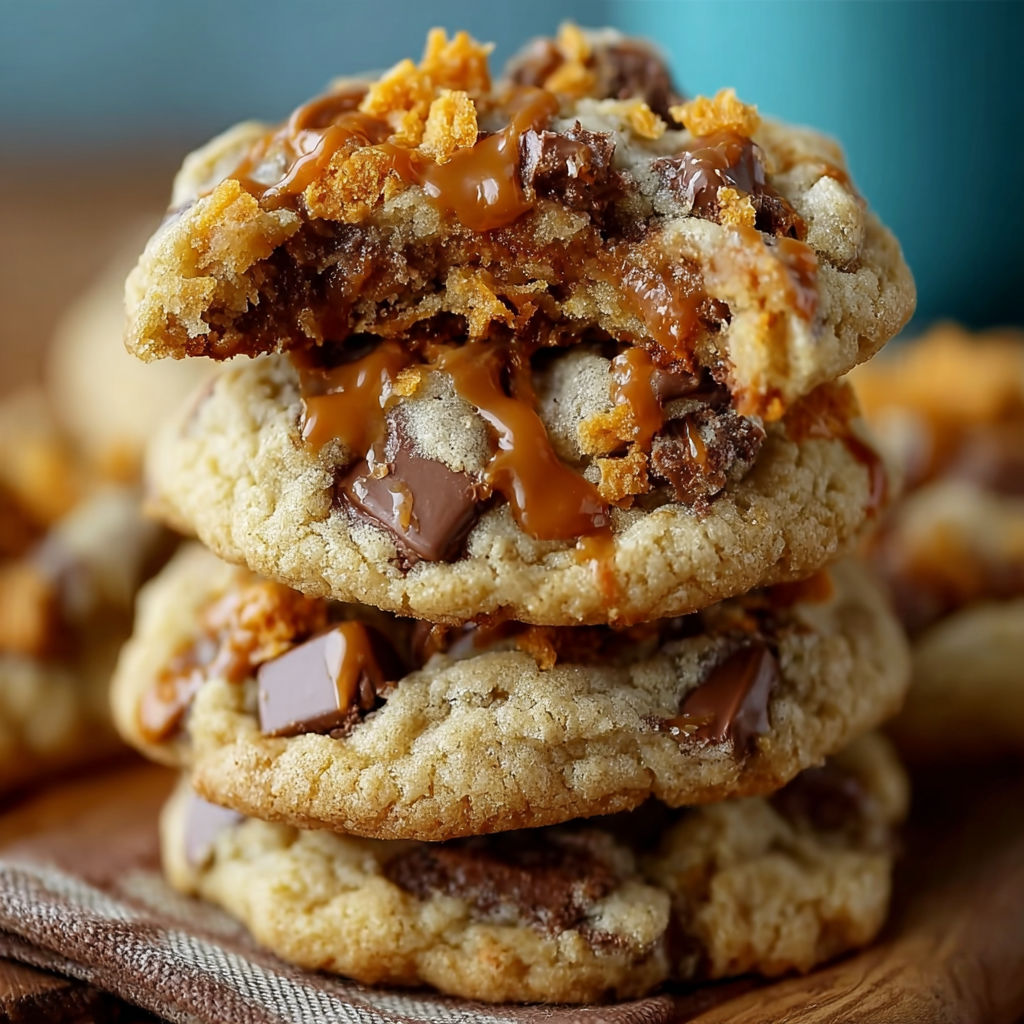 A stack of chocolate chip cookies with caramel drizzle on top.