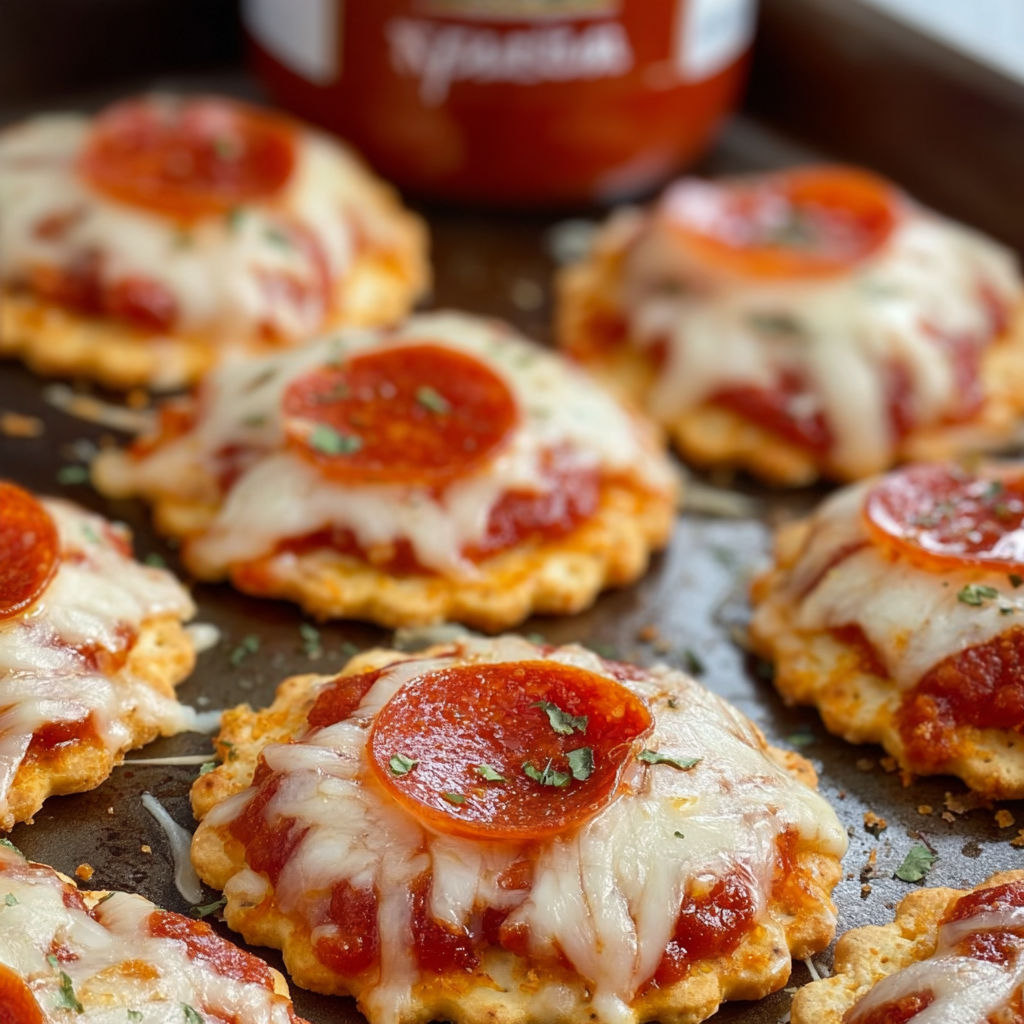 A pan of pepperoni pizza bites with a jar of marinara sauce nearby.