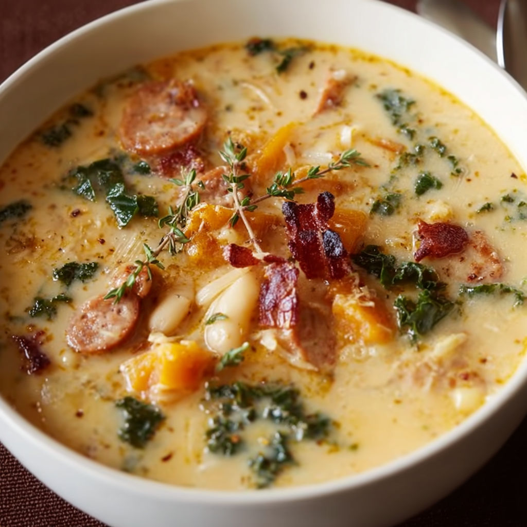 A bowl of soup with bacon, sausage, and vegetables, including broccoli and carrots.