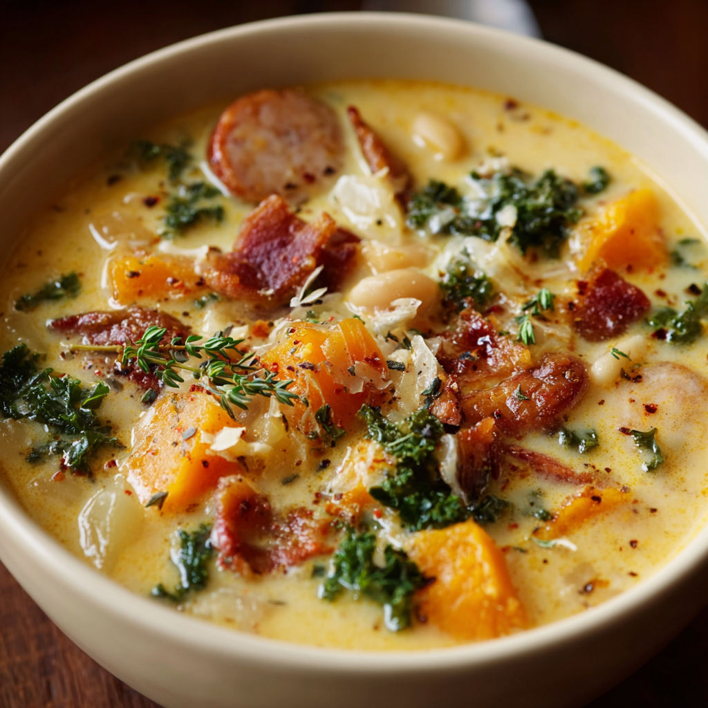 A bowl of soup with a variety of vegetables and meat, including bacon, carrots, and beans.
