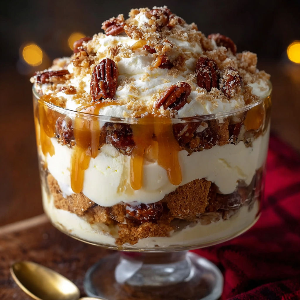 A delicious dessert, Decadent Pecan Pie Trifle, is served in a glass dish.