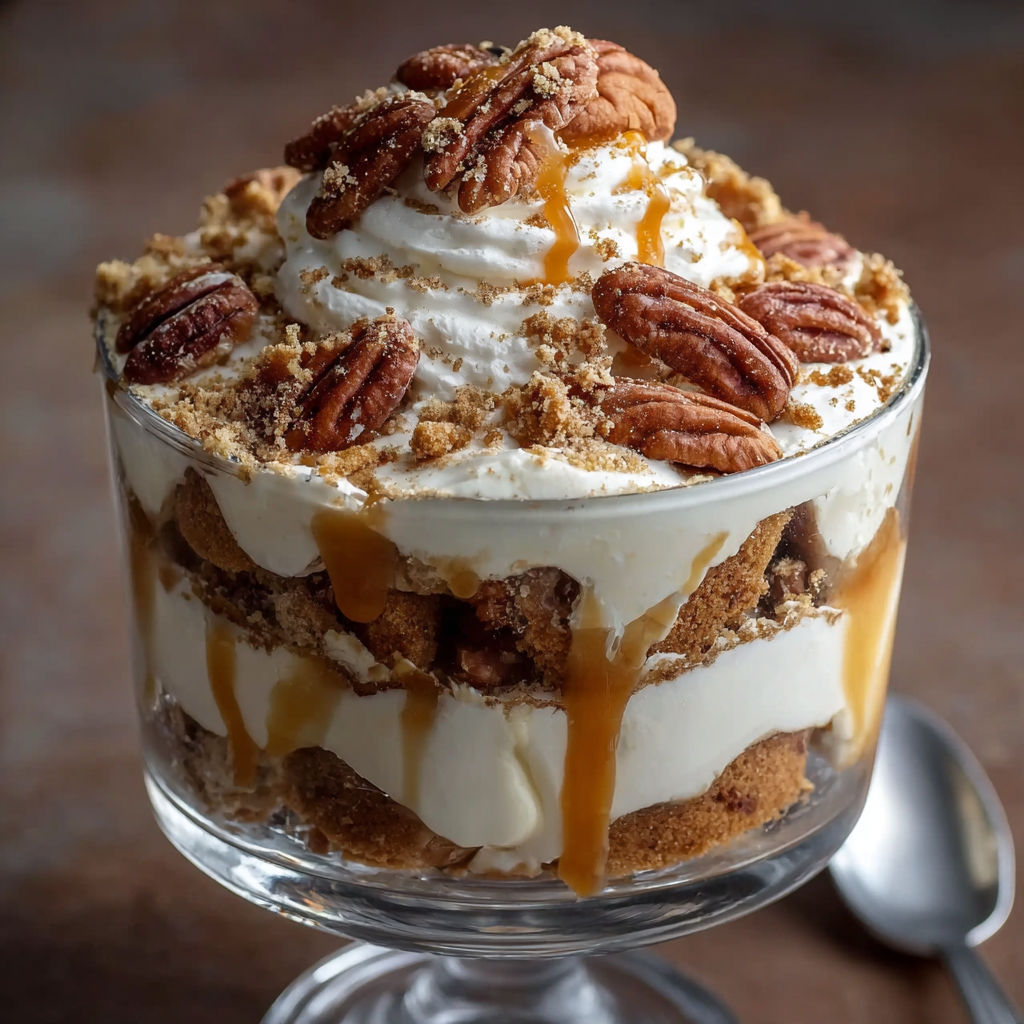 A glass bowl filled with a delicious dessert, Decadent Pecan Pie Trifle, topped with whipped cream and drizzled with caramel sauce.