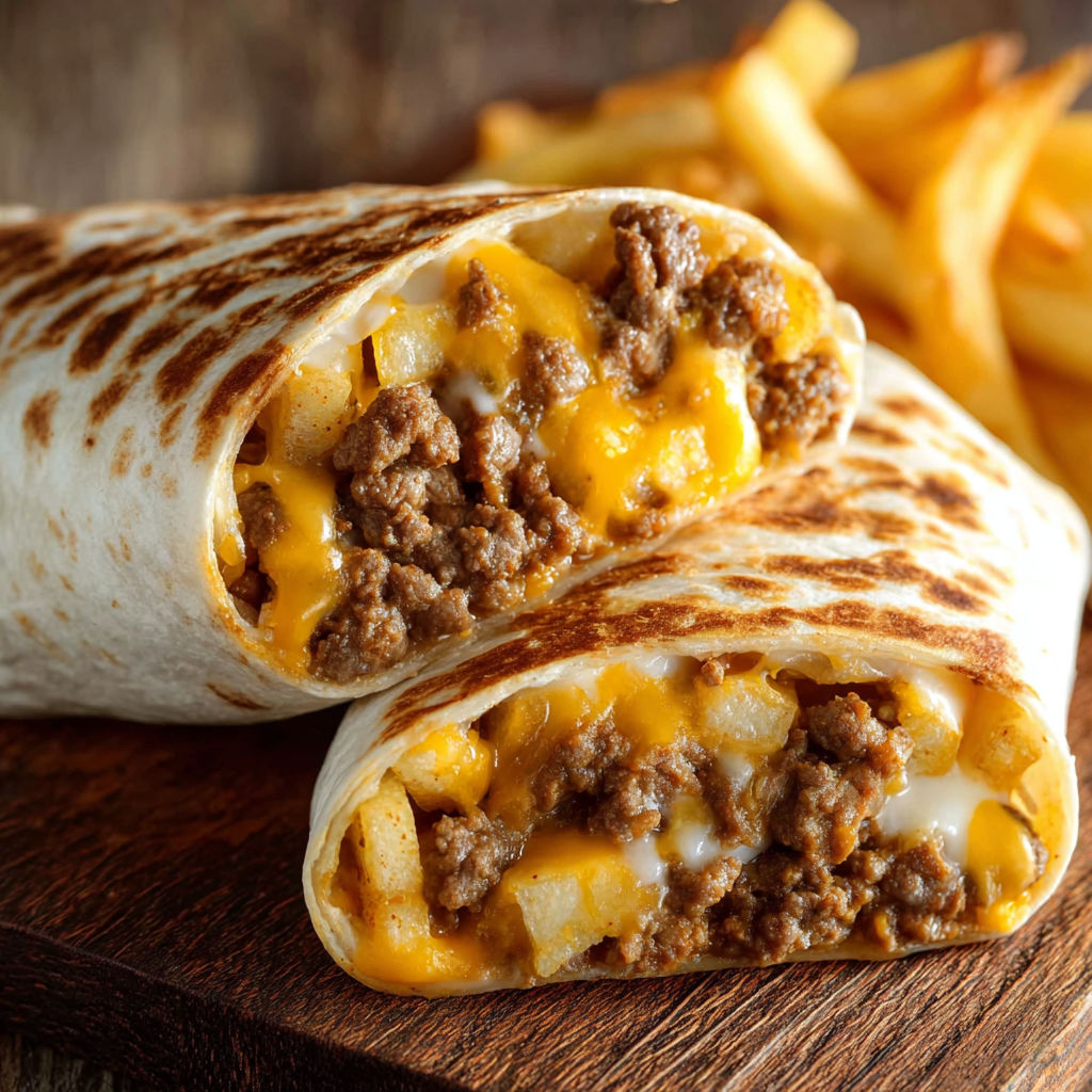 A delicious burrito filled with meat and cheese, accompanied by a side of french fries.