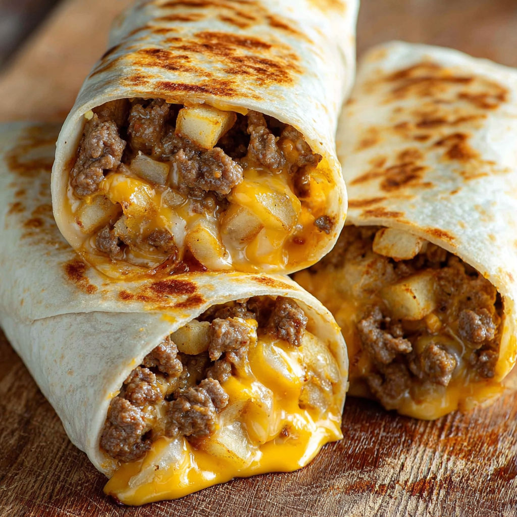 A delicious burrito filled with meat, cheese, and onions, ready to be enjoyed.