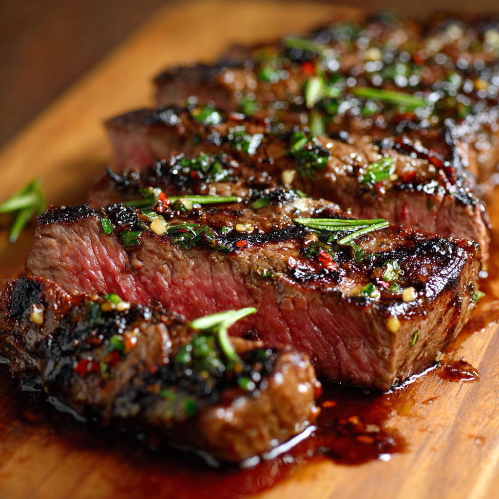 A close up of a piece of meat with a spice rub on it, sitting on a wooden cutting board.