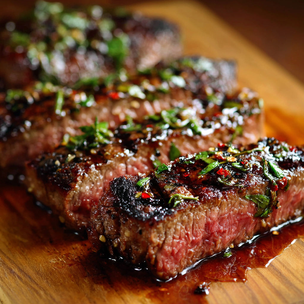 A close-up of a delicious steak with peppers and herbs on a wooden cutting board.