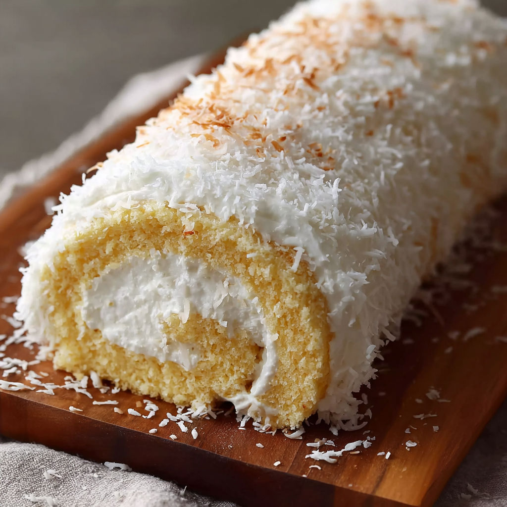 A delicious coconut cake roll is displayed on a wooden cutting board.