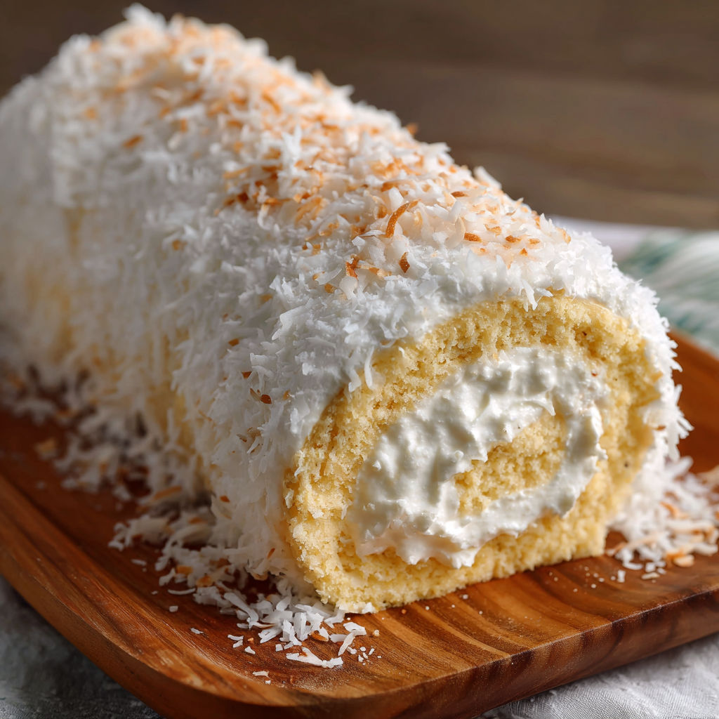A delicious dessert roll made with coconut and whipped cream, sitting on a wooden cutting board.