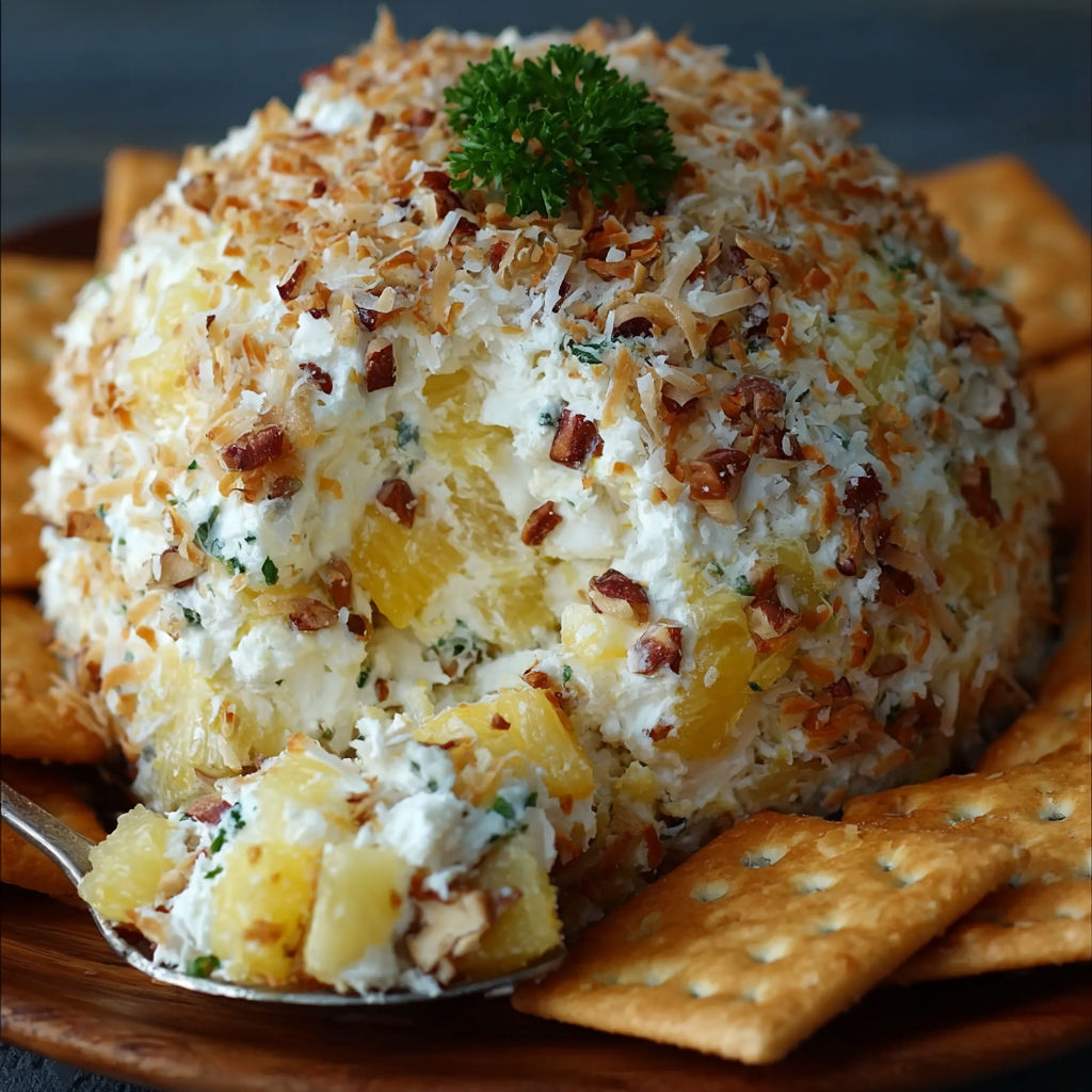 A delicious appetizer made with pineapple, cheese, and crackers.