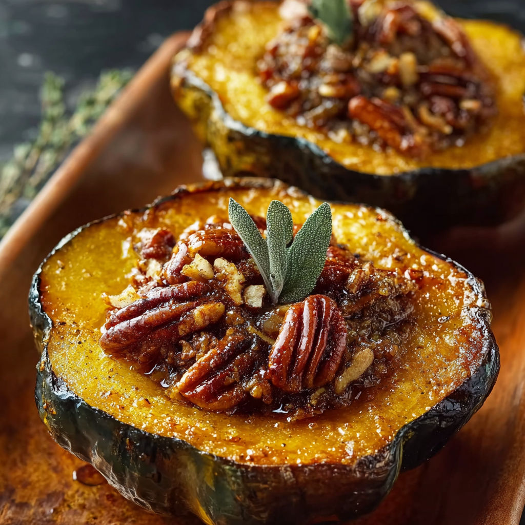 Two slices of roasted acorn squash with a maple pecan topping.