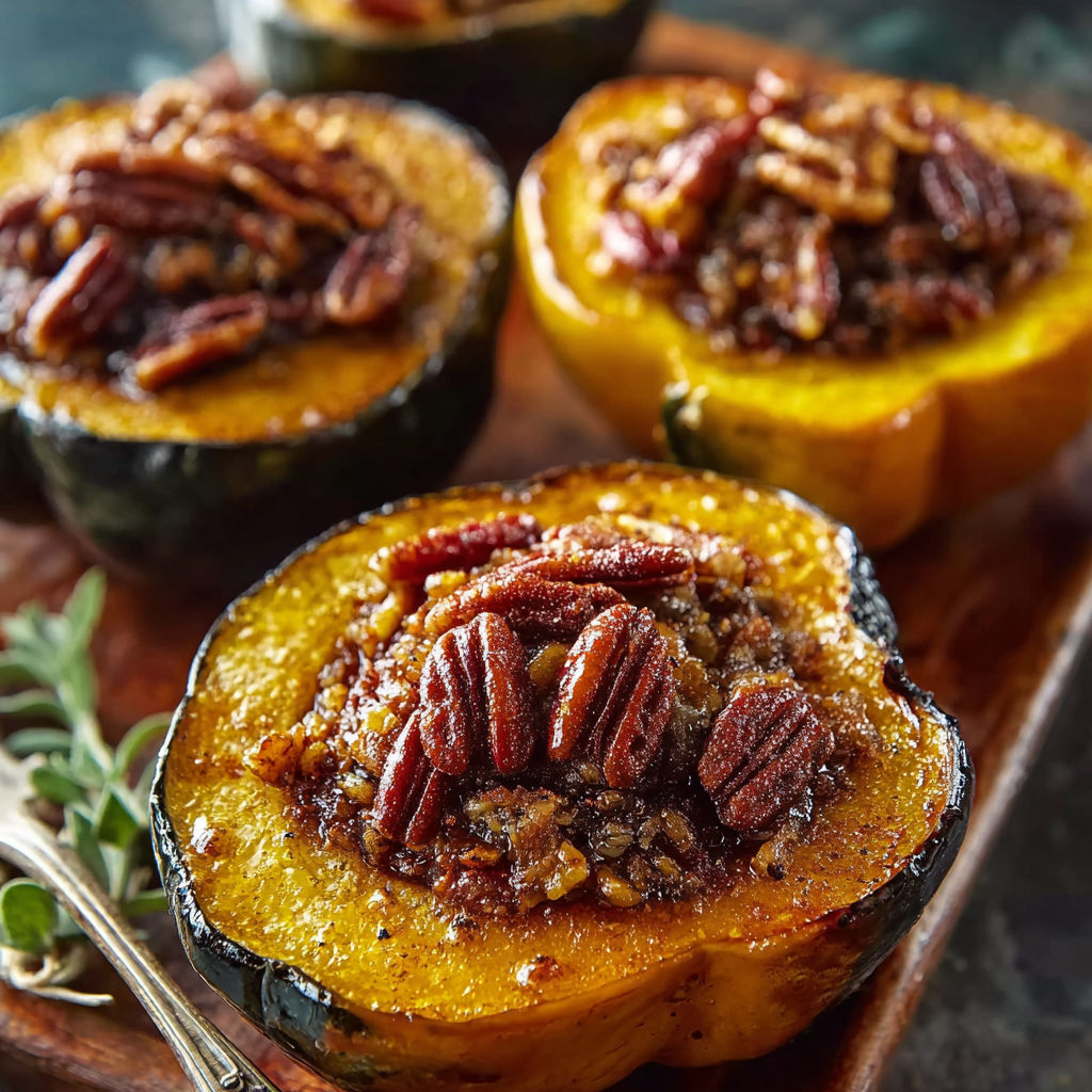 A plate of roasted squash with a brown sugar glaze and pecans.