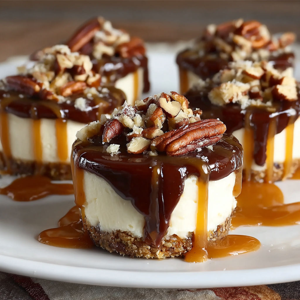 A plate of desserts with a caramel sauce drizzle, topped with nuts and chocolate.