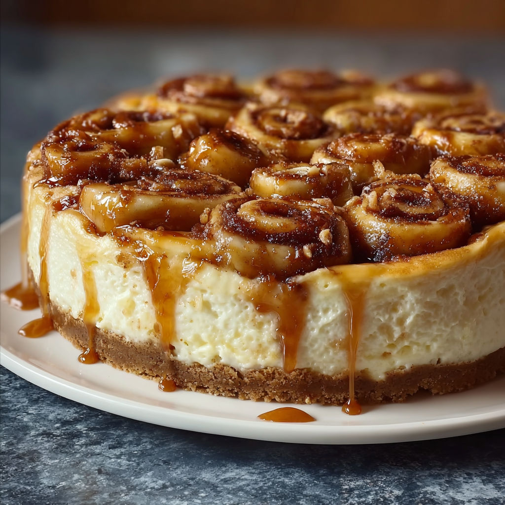A slice of Cinnamon Roll Honeybun Cheesecake is displayed on a plate.