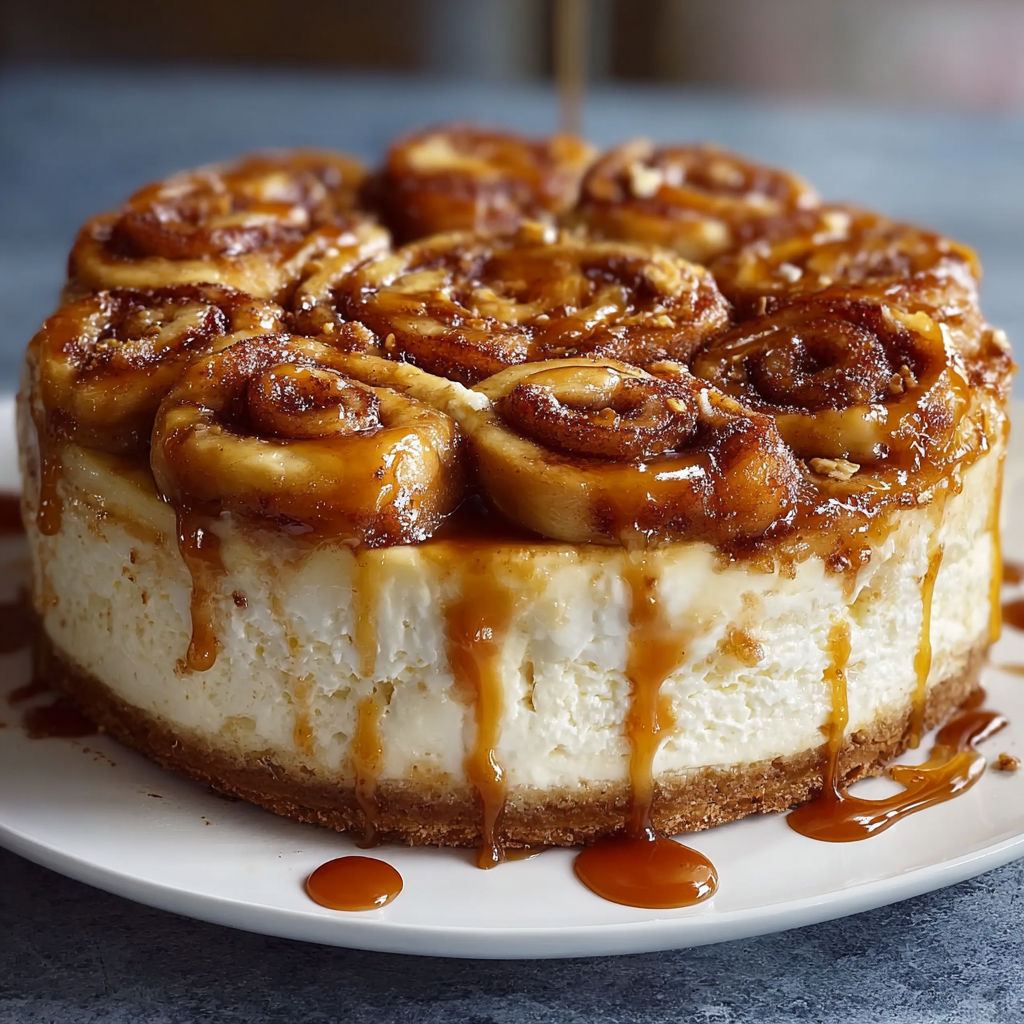 A slice of cheesecake with caramel drizzle and topped with a glazed donut.