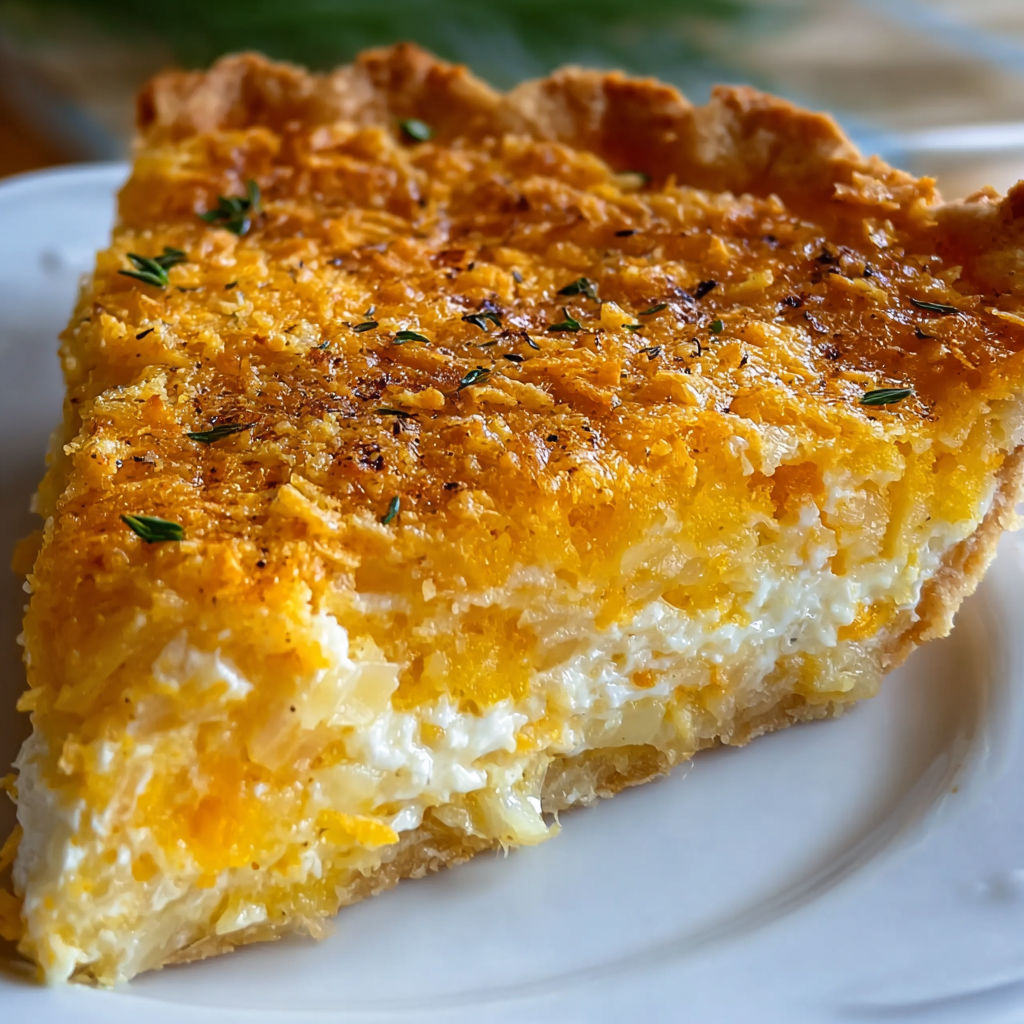 A slice of Cheddar and Ritz Cracker Vidalia Onion Pie on a white plate.