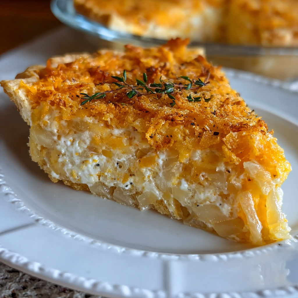 A slice of Cheddar and Ritz Cracker Vidalia Onion Pie on a white plate.