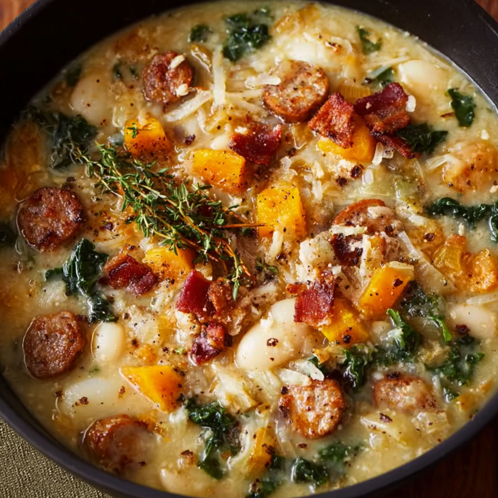A bowl of soup with a variety of ingredients, including sausage, bacon, and greens, is displayed on a table.