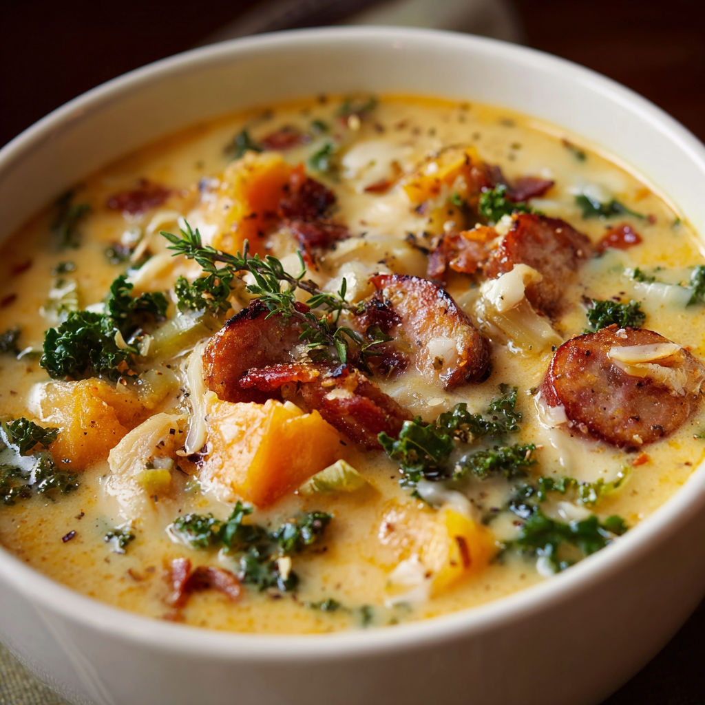 A bowl of soup with a variety of vegetables, including broccoli, carrots, and potatoes, and a sausage.