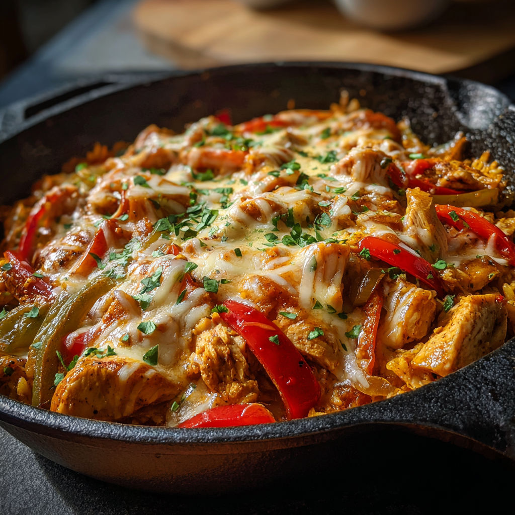 A skillet filled with a delicious Queso Chicken Fajita dish.