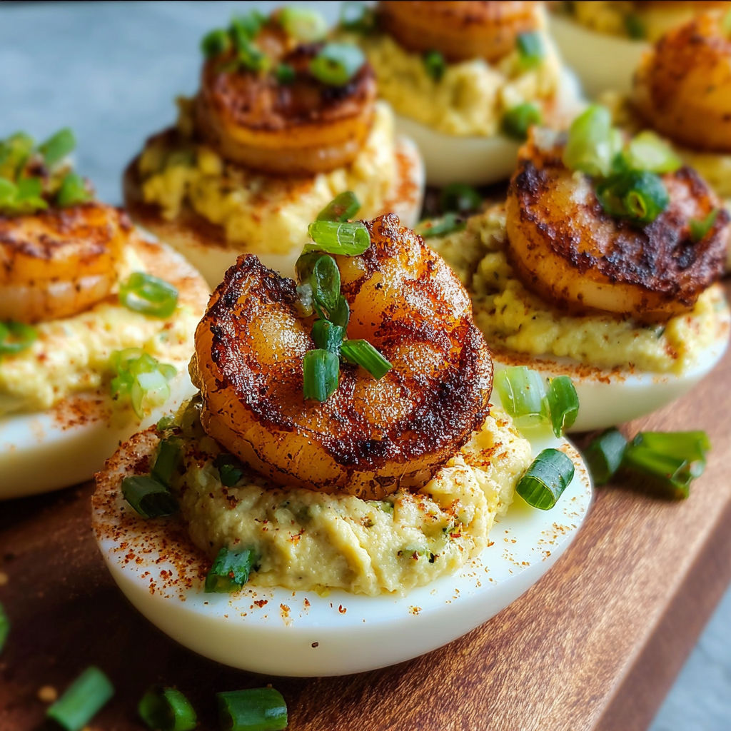 A wooden cutting board holds a delicious assortment of deviled eggs with shrimp, all topped with a spicy sauce.