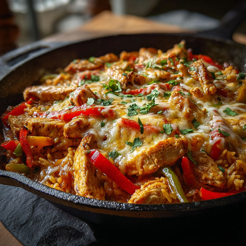 A delicious stir fry with chicken, peppers, and cheese, served in a cast iron skillet.