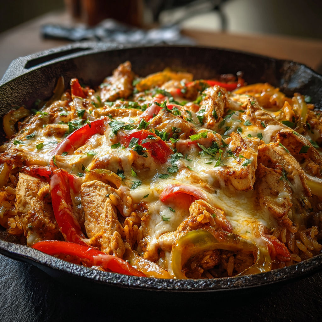A delicious meal of chicken and vegetables in a skillet, served in a black skillet.