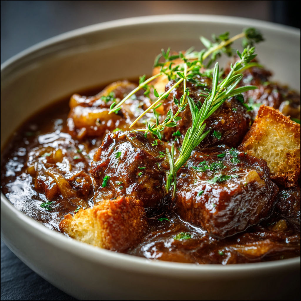 A bowl of French Onion Beef Stew with a sprig of parsley on top.