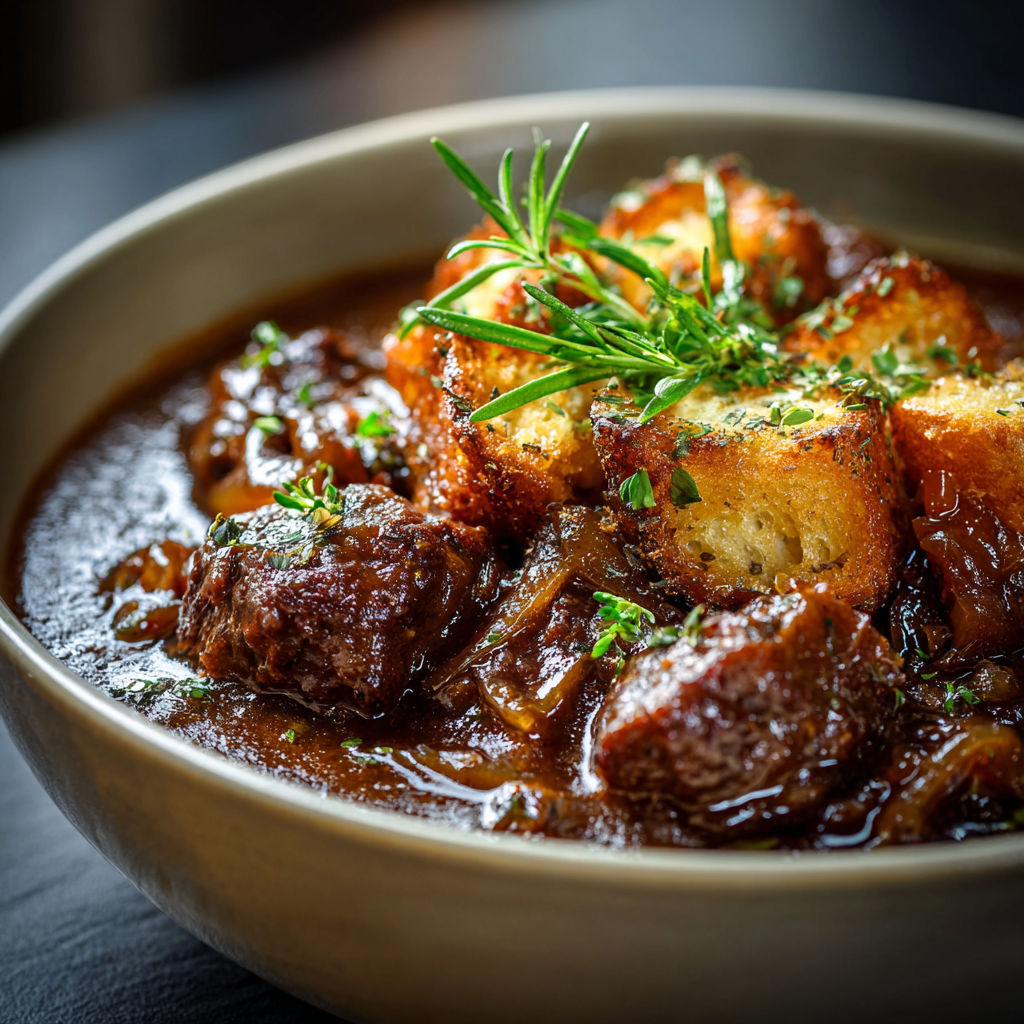 A bowl of French Onion Beef Stew with a sprig of parsley on top.