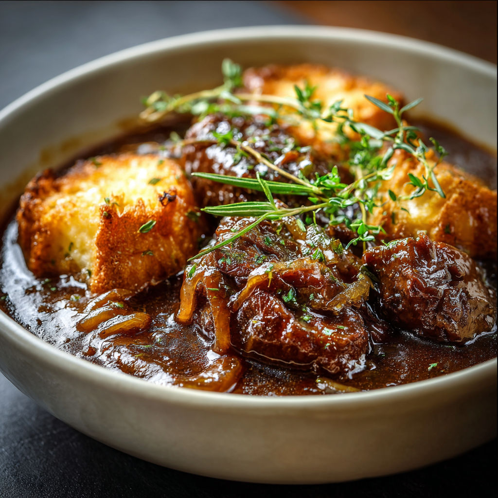 A bowl of French Onion Beef Stew with a variety of ingredients, including onions, meat, and bread.
