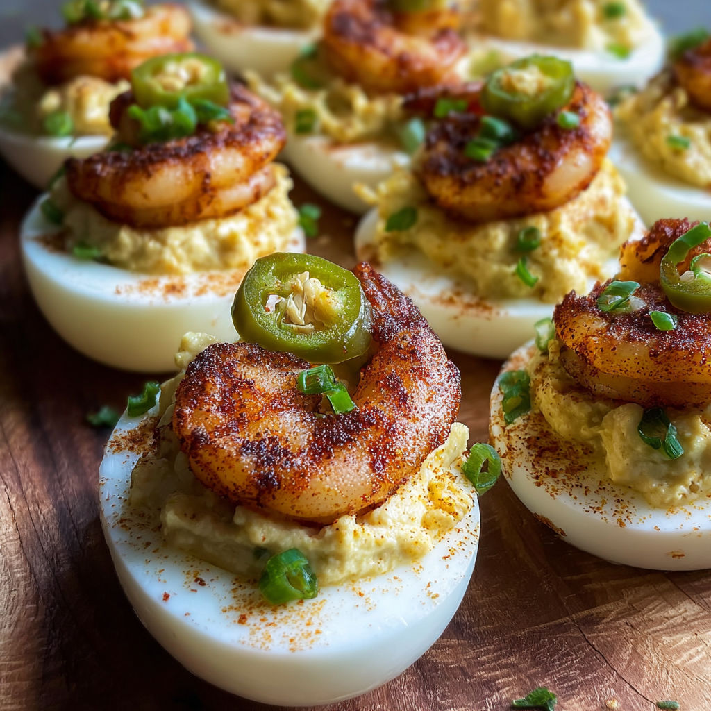 A plate of deviled eggs with shrimp on top.